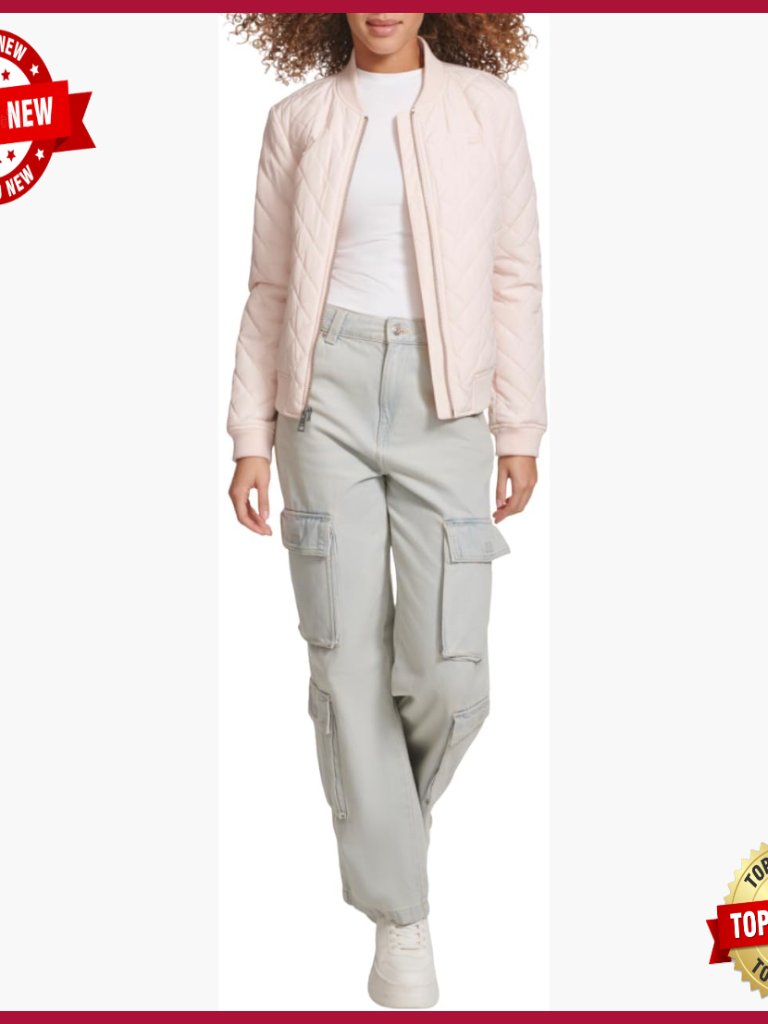 Sherpa-Lined Diamond Quilted Bomber Jacket With Front Pockets